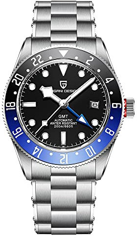 PaganiDesign Orologi da uomo automatici meccanici GMT Lunetta in alluminio Sintetico Zaffiro Bracciale in acciaio inox 200M impermeabile Luminess Orologi da polso sportivi a carica automatica