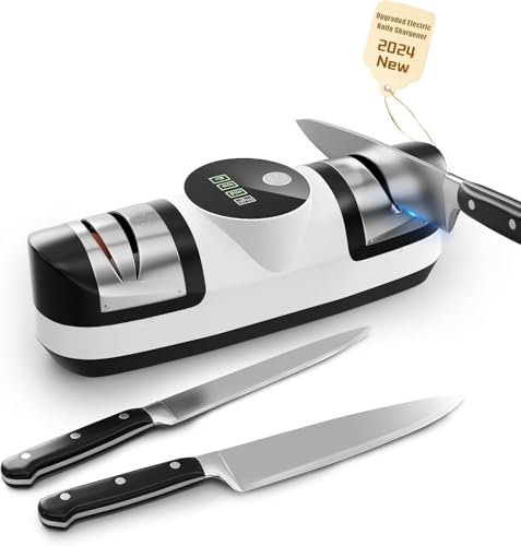Electric Knife Sharpener, 5 in 1 Knife Sharpening System with 3 Speed Setting, Rechargeable Professional Diamond Knife Sharpener with LED Display for Rough & Fine Sharpening (QD1)