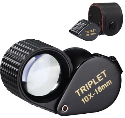 10x Vergrößerung Drillingslupe Tragbare Edelsteinlupe 18mm optische Linse Klappbares Design, langlebiges Metallgehäuse, Achromatisch & Aplanatisch Batteriefrei für Juweliere, Gemmologen, Sammler