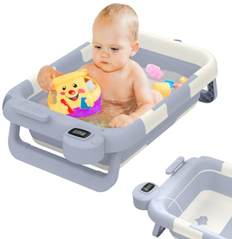 UISEBRT Babybadkar vikbart med termometer och stödkudde, babybadkar, bärbart, vikbart badkar för nyfödd för barn från 0 till 12 månader (typ B)