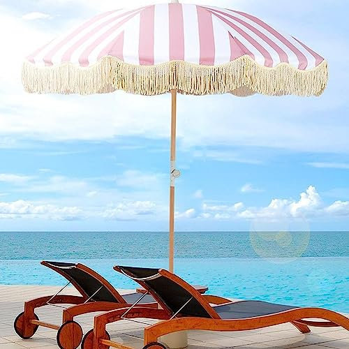 Parasol de plage de luxe à rayures roses et blanches avec franges, 2 m, parasol d'extérieur rétro avec 8 baleines en fibre de verre, multi-angle réglable pour piscine, jardin et terrasse