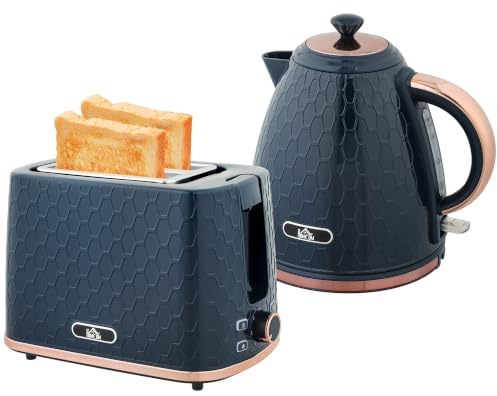 HOMCOM Kettle and Toaster Set 1.7L Jug Kettle 2 Slice Toaster Blue | 3000W, Fast Boil, Auto Shut Off, 7 Level Browning Controls, Crumb Tray, UK Otter Thermostat