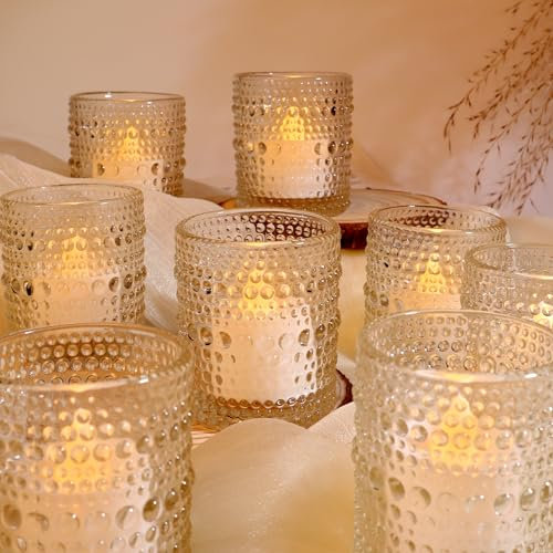 Ligtmor 12 Pack transparent tealight cups, dotted glass tealight holders with embossed dot pattern, romantic vintage candle holders, clear tealight glasses, bohemian style decor