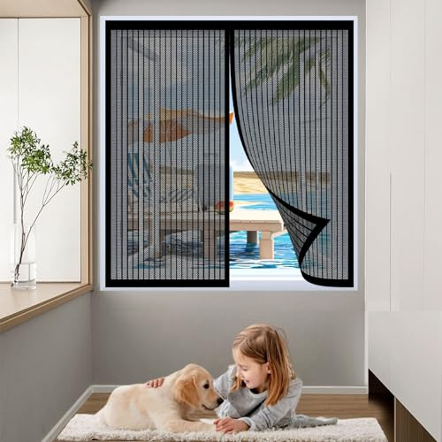 Magnet Fliegengitter Fenster 130 x 50 cm (Anpassbar) Extra Starke Magnete Magnet-Verschluss Insektenschutz Fliegengitter mit Selbstklebendes Klettband für Balkontür Terrassentür, Schwarz