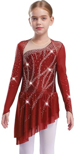 Rswnyirn Flicka långärmad dansklänning glitter rullsko klänning konståkning klänning barn balett lyriska dans kläder, Burgund, 170