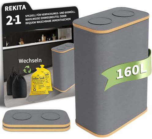 REKITA 160L Pfandflaschen Sammelbehälter 2 Fächer mit Einwurfloch-Deckel & Abnehmbarem Innensack, Großraum Flaschensammler für Behälter Leergut & Altglas Aufbewahrung, Küchenmülleimer, Grau