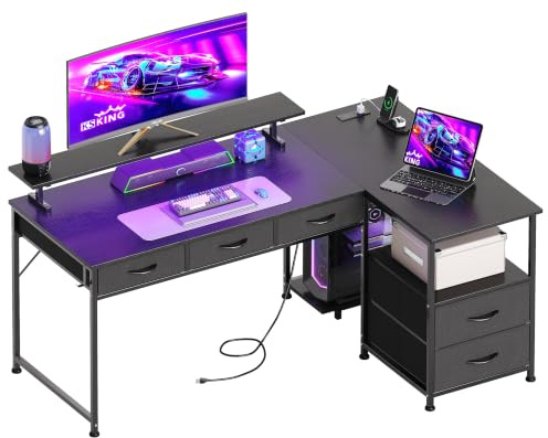Flrrtenv 140cm Large Gaming Desk with 5 Fabric Drawers, Home Office Work Desk with Power Outlets & Monitor Stand, L Shaped Computer Desk with CPU Stand, Reversible Wooden Corner Desk, Black