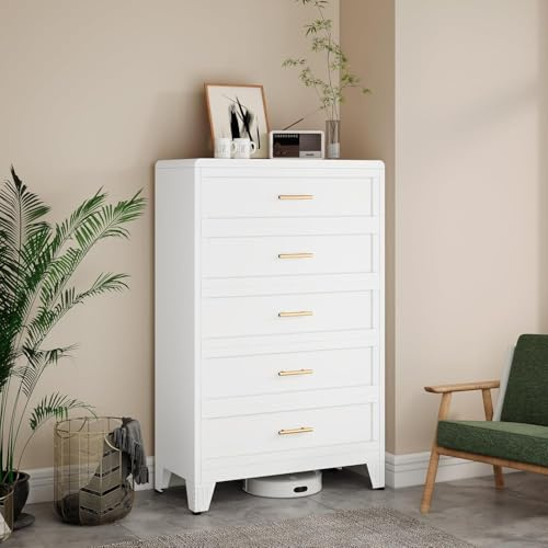 Lusiwry 135.8㎝ Hoche Kommode für Schlafzimmer 5 Schubladen, Metallkomode, Runde Schubladenschrank für Zuhause, Aktenschrank mit Schubladen für Büro, Weiß