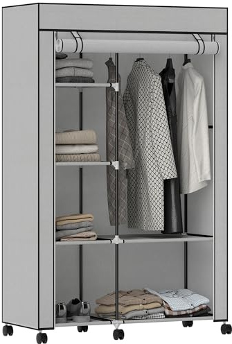 HOMCOM Armadio in tessuto mobile su 6 ruote con asta appendiabiti e ripiani aperti Armadio per vestiti su ruote per camera da letto 103x43x162,5 cm grigio
