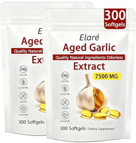 ELARE Aged Garlic Extract Capsules, Odorless Garlic 15:1 Extract Formula - 600 Count, Garlic Supplement, 2-Year Matured - for Heart & Immune Support, Non-GMO, Gluten-Free