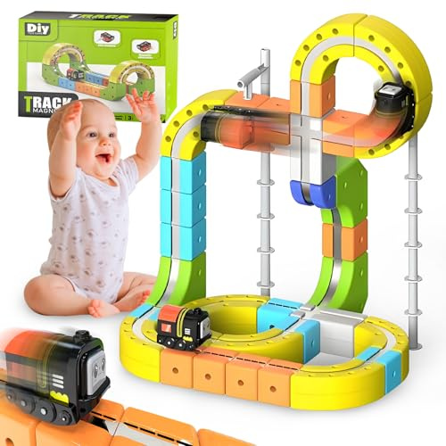 Clickrail Juego de Tren de carriles mágicos eléctricos magnéticos para Coche, Kit de Pista de Tren magnético para niños, Bloques de rieles mágicos, diseños 3D antigravedad (105 Unidades)