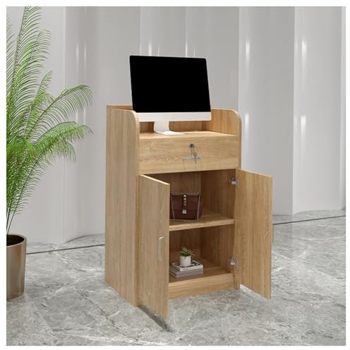 Kompakte Empfangstheke für Bekleidungsgeschäfte – Modernes, minimalistisches Design mit abschließbaren Schubladen & doppeltürigem Hardware-Schrank – gebogener Spritzschutz für verbesserten Stil