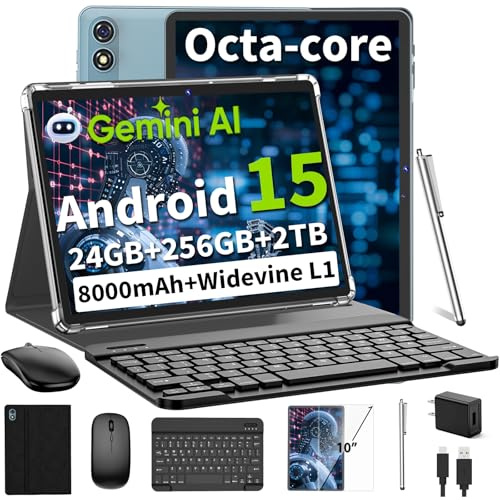 Android 15 Tablet 10 Inch, 2026 Tablet with Keyboard, 24GB+256GB+2TB Expand, Tablets PC with Gemini AI, Octa-Core, 8000mAh, 5G WiFi, Widevine L1, GMS, 2 in 1 Tablets with Case, Mouse, Stylus (Black)