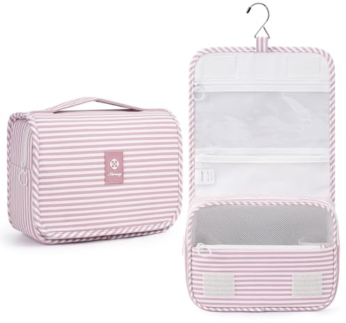 Narwey Kulturbeutel zum Aufhängen Damen Kulturtasche zum Aufhängen, Waschtasche Hanging Toiletry Bag Kosmetiktasche Schminktasche für Damen Herren (Rosa Streifen)