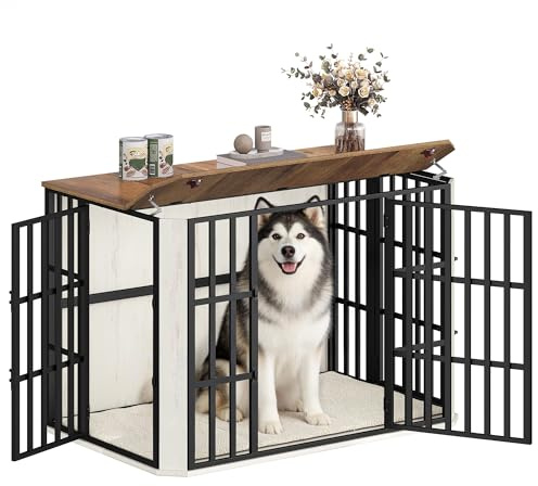 Hzuaneri Hundekäfig Möbel, Hundebox Möbel, Mehrtür-Design, Weiß Braun | Hundebox aus Holz für den Innenbereich mit Futtertür Oben, Großer Hundekäfig-Beistelltisch, 120 x 75 x 81 cm, DFC86814B