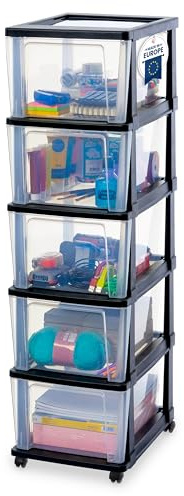 Iris Ohyama, Rollcontainer Kunststoff auf Rollen, 5 Grosse Schubladen, Schwarz, Leichtes Öffnen, Aufbewahrung, für Schreibtisch, Garage, Organizer, Schrank, BPA-frei, KMC-305 | Schreibtischständer und Organizer auf Rollen. Eine perfekte Aufbewahrungseinheit als Arbeitsplatz