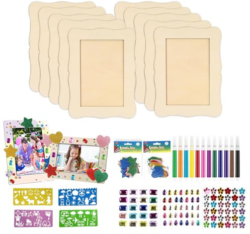 10 Stück Bilderrahmen Holz Set, 20x15cm DIY Bilderrahmen Bastelset Bemalen Kinder mit 3 Sorten Glitzersteinen, 3D Schaumstoff Sternstickern, 4 Mustervorlagefür Kinder, Hochzeit, Bemale für Geburtstage