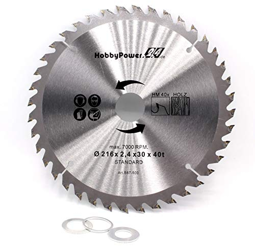 Kreissägeblatt Sägeblatt Hartmetall für Holz Tischkreissäge Kappsäge Gehrungssäge 216 x 30 mm 40 Z Zähne + 3 Reduzierringe auf 24,4mm, 20mm und 16mm