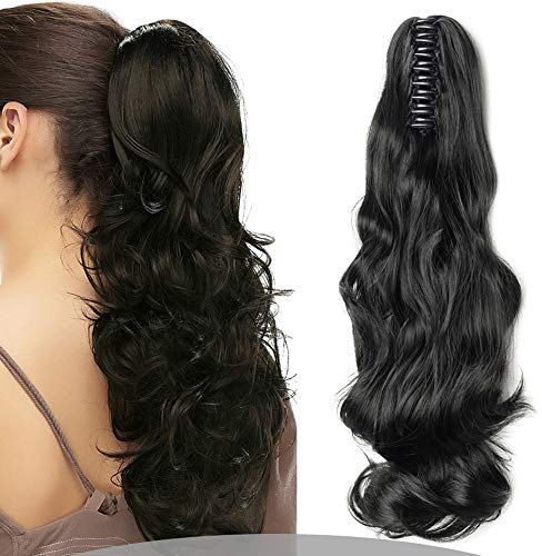 Silk-co 18 Zoll Haarteil Pferdeschwanz gewellt Haarverlängerung Pferdeschwanz Synthetischer Pferdeschwanz mit Clip befestigt Claw On Ponytail Extension, Dunkelschwarz