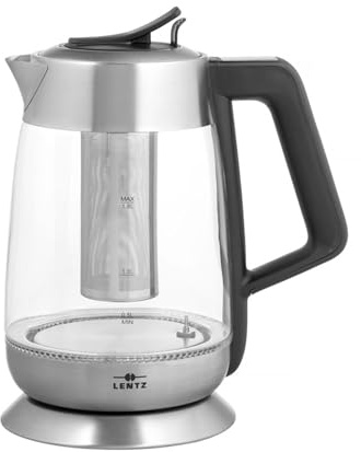 LENTZ Edelstahl-/Glaswasserkocher + Teesieb Teekocher mit Temperaturwahl 60° 70° 80° 90° 100° - mehrfarbige LED-Beleuchtung