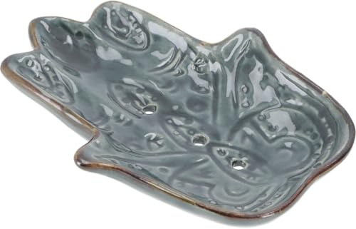 Exotische Keramik Seifenschale, handgefertigt, Hamsa Hand/grau | Einzigartige Badezimmer-Dekoration, aus Indonesien, Unikat, stilvolles Design, ideal für jedes Bad