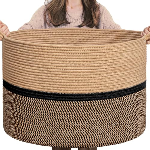 CHICVITA Cesto portabiancheria extra grande, XXL, tessuto in corda di cotone, per coperte, con manici, 55,9 x 55,9 x 35,6 cm, colore: nero