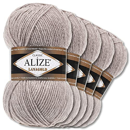 Wohnkult Alize 5 x 100 g Lanagold Wolle | 53 Auswahl | Stricken Häkeln Wolle (207 | Hellbraun Melange)