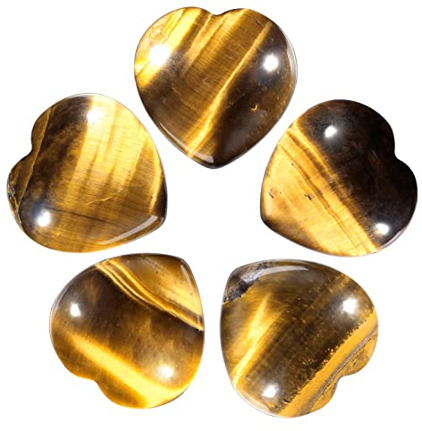 Nupuyai 5 Stück Tigerauge Kristall Herz Liebe Palme Handschmeichler für Chakra Reiki Heilung, geschnitzter Stein für Heimdekoration 2,5 cm