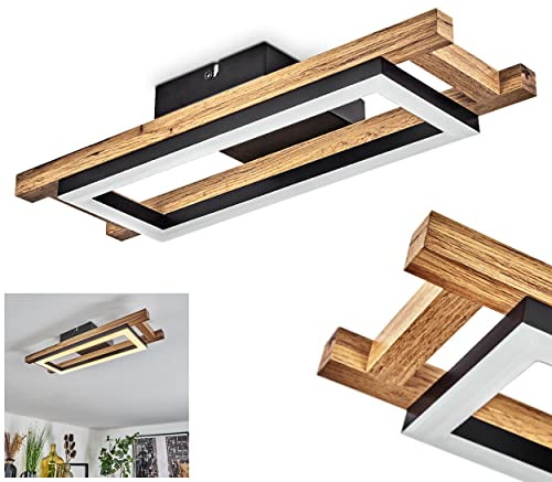 HOFSTEIN LED Deckenleuchte Ayajasco, moderne Deckenlampe aus Metall/Holz in Schwarz/Natur/Weiß, Leuchte im skandinavischen Design mit Holzrahmen, 400 Lumen, 3000 Kelvin, 10 Watt, Esszimmer, Küche