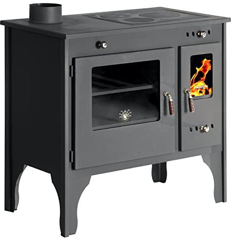 Kaminofen mit Backfach und Herdplatte Retro Eco Schwarz Links Holzofen 7 kW Kamin Ofen Holz Werkstattofen Hüttenofen Heizofen Gartenofen