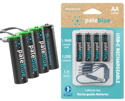 USB Rechargeable AA Batteries by Pale Blue, Lithium Ion 1.5v 1700 mAh, Charges Under 1 Hours, Over 1000 Cycles, 4-in-1 USB-A to USB-C Charging Cable, LED Charge Indicator, 4-Pack