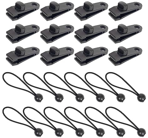 Lot de 12 clips bâche + 12 tendeurs en caoutchouc avec boule de 15 cm, pinces bâche avec verrouillage de serrage, vis de préhension, clips pour tente, camping, auvent