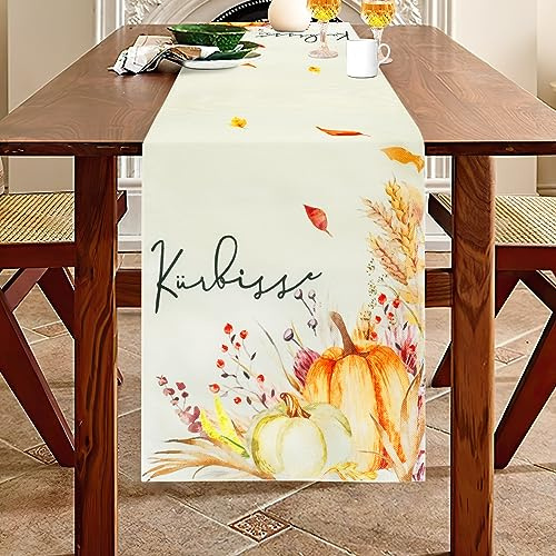 AUAUY Pflanzen Blumen Tischläufer, Outdoor Tischläufer Deko, Moderne Tischläufer, Tischläufer Abwaschbar, Tischläufer für Küche Tisch Dekoration Drinnen Partys Esszimmer-Dekorationen (Kürbis 40x180cm)