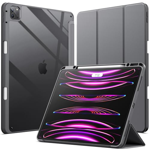 JETech Hülle für iPad Pro 12,9 6/5/4/3 (2022/2021/2020/2018), Space Grau | Transparente Rückseite, Stifthalter, Schlanker Stoßschutz, Dreifach-Ständer