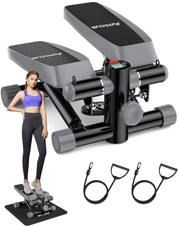 Amicus Mini Stepper for Exercise, Stair Stepper with Resistance Bands, Hydraulic Fitness Stepper Exerciser Machine for Home, 330lbs Weight Capacity, Gray