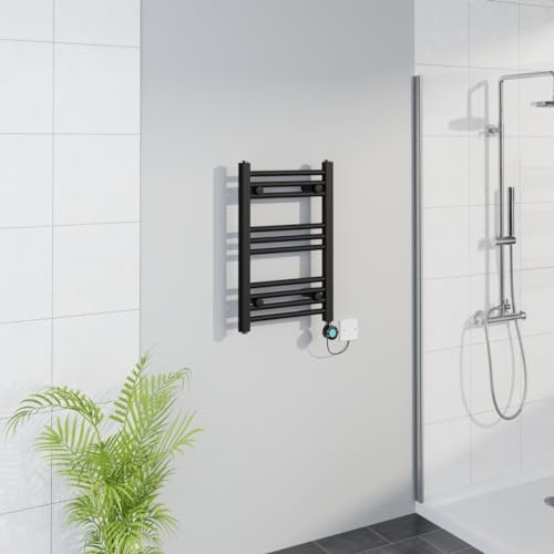 Warmehaus WiFi Electric Bathroom Straight Radiator Timer 600x400mm Black | Thermostatic, Smart LCD Display, Child Lock, T Piece, Prefilled, Electric Heated Towel Rail Warmer, Energy Efficient