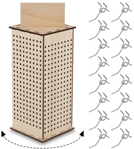 Kigley Wooden Rotating Display Stand 4 Sided Revolving Jewelry with Heavy Duty Pegboard Hooks, Keychain Rack 360° Rotating Pegboard for Craft Shows(4.7 x 4.7 x 11.8 Inch)