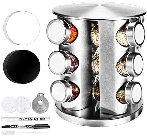 SIAZIH Gewürzregal(Kompakt), 360°Gewürzkarussell, Gewürzregale mit 12 Hochtransparentes Glas Gewürzgläser, mit Etiketten, Gewurzregalsystem, Outdoor Grill Portable Spice Rack