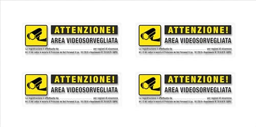 Adesivi videosorveglianza in vinile trasparente, piccoli, misura: 15X5 cm, cartelli area videosorvegliata, impermeabili, in italiano. 4 pz.