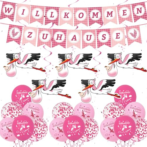 Willkommen Zuhause Welcome Home Baby - Storch Geburt für Draussen Herzlich Willkommen Girlande Hängende Spiralen Welcome Baby Girl Banner, Konfetti Luftballons, Rosa Babyparty Baby Shower Deko Mädchen