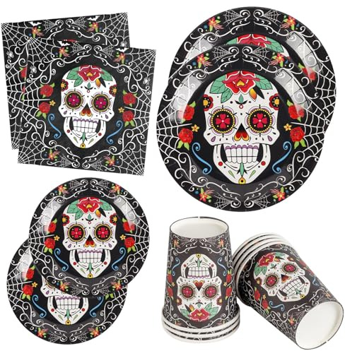 Lot de 64 décorations de table « Day of the Dead » - Assiettes, serviettes et tasses en forme de tête de mort - Pour fête d'Halloween