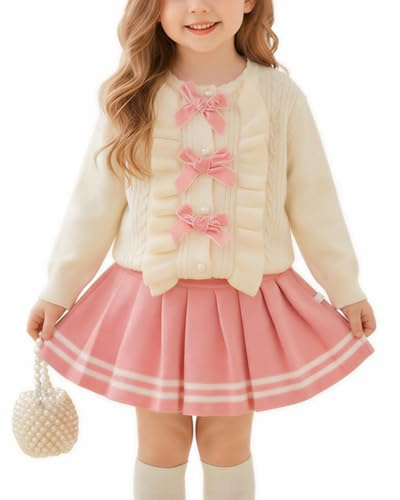 JiAmy - Completo per bambina con maglietta a maniche lunghe in maglia con ruches e cardigan con gonna plissettata 2 pezzi, casual, per autunno e inverno, rosa, 4-5 Years