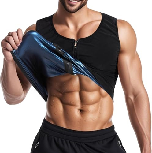 Sahunfri Chaleco Sauna Hombre con Cremallera, Traje Deportivo de PU y Seda de Leche, Triple Sudoración, Quema Calórica y Sudoración para Hombres que Pierden Peso
