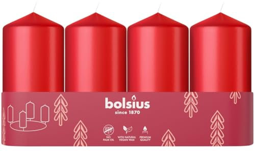 Bolsius Smooth Pillar Candles - Set of 4 - Red - 100x48 mm - Decorative Candles - Long Burning Time - Unscented - with Natural Plant Wax - Without Palm Oil