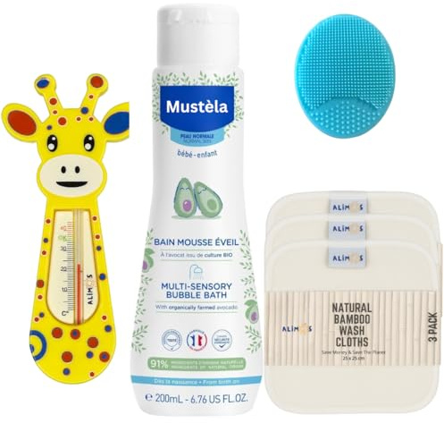 Newborn Bathtime Essentials with Giraffe Bath Thermometer Analog, 3 Bamboo Washcloths & Silicone Brush to Work with Mustela Baby Multi Sensory Bath 200ml