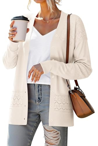 Yommay Chaqueta de punto para mujer Elegante y holgada con cuello en V de manga larga para mujer Otoño Prenda clásica de punto, beige, L