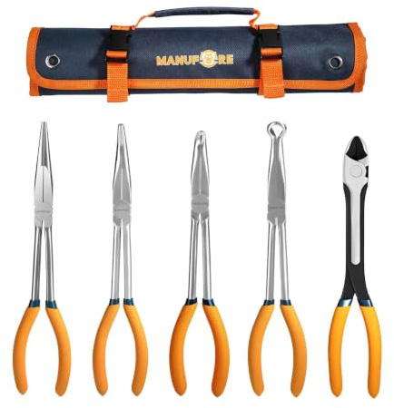 MANUFORE Lange Spitzzangen Set 5-teilig, 280 mm ，für enge Stellen | Gerade, 45° und 90°, Rundzange & Seitenschneider für Auto, Werkstatt und Haushalt, mit robuster Canvas-Rolltasche.