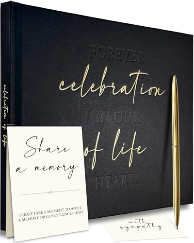 Funeral Guest Book Memorial Service – Celebration of Life Sign in Condolences Registry with Golden Pen | Elegant In Loving Memory Remembrance | Premium Hardcover 9 x 7 Inches, Table Sign & Back Pocket