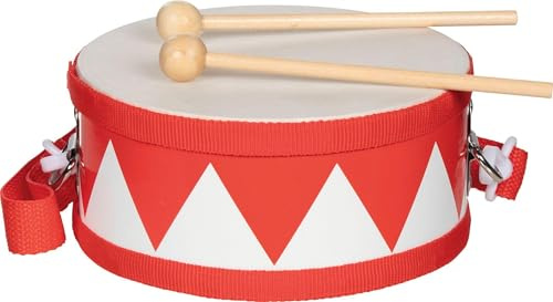 goki 61852 trumma röd – barntrumma av trä med 2 klubbor och axelrem, Ø 15 cm, H 7 cm