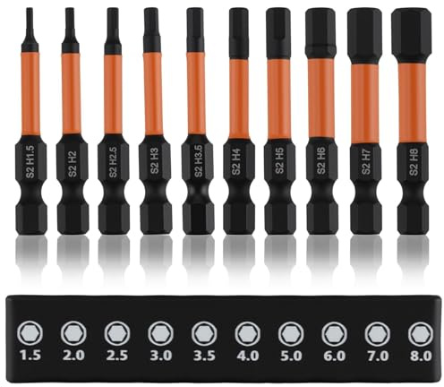 10 Pcs Hex Allen Key Drill Bit Set 50mm Impact Hex Bit Set, H1.5 - H8 | S2 Steel Magnetic Screwdriver Bits Sets 1/4 Inch Hexagon Shank Metric CNC Machined Wrench Drill Bits